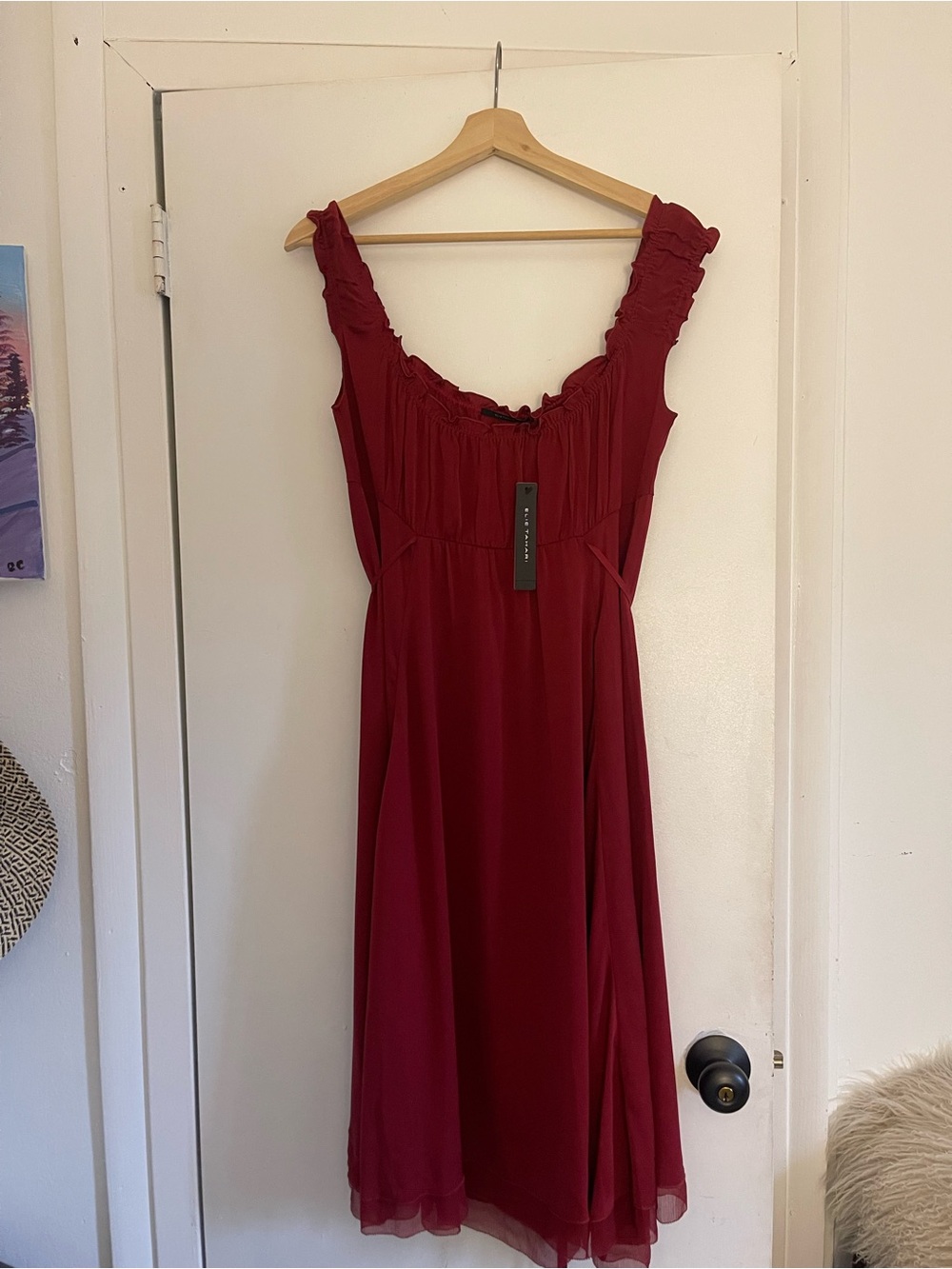 Elie Tahari Burgundy Ruffled Strap Midi Dress